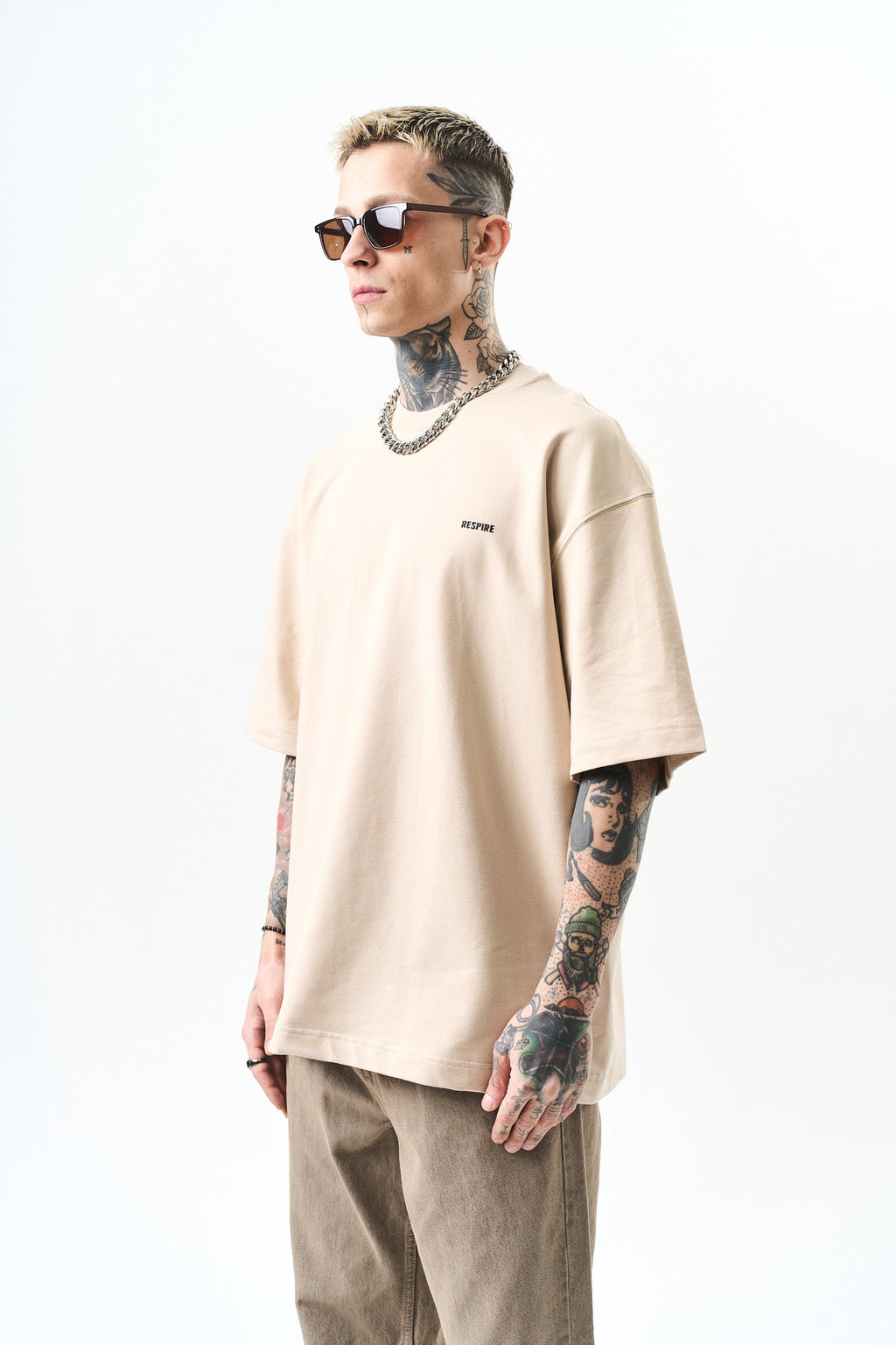 Respire Injection Printed Oversized T-Shirt Beige